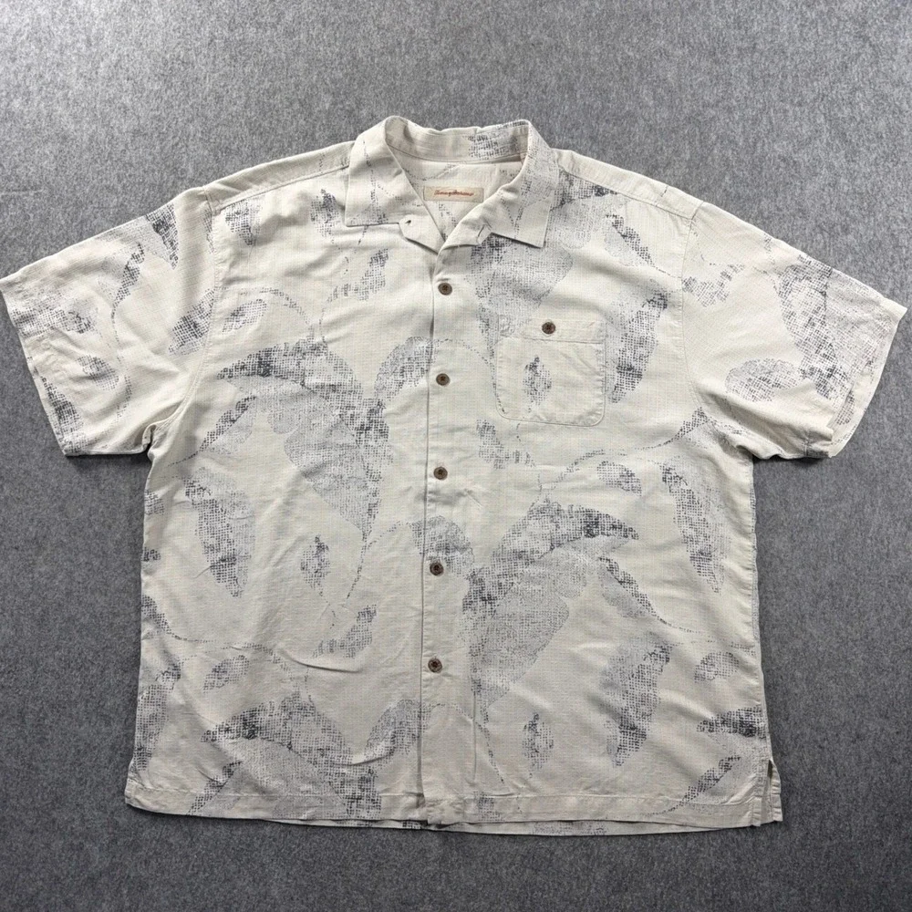 Tommy Bahama 100% Silk Hawaiian Aloha Men's XXL Button Up Shirt Cream/Tan